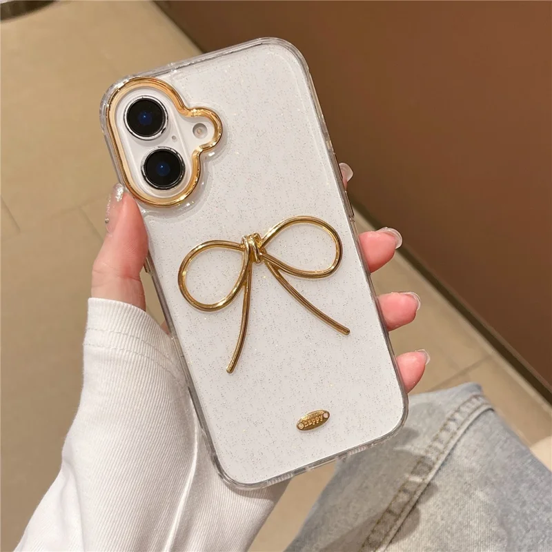 For iPhone 16 Case Gold Bow Epoxy Design TPU + PC Phone Back Cover