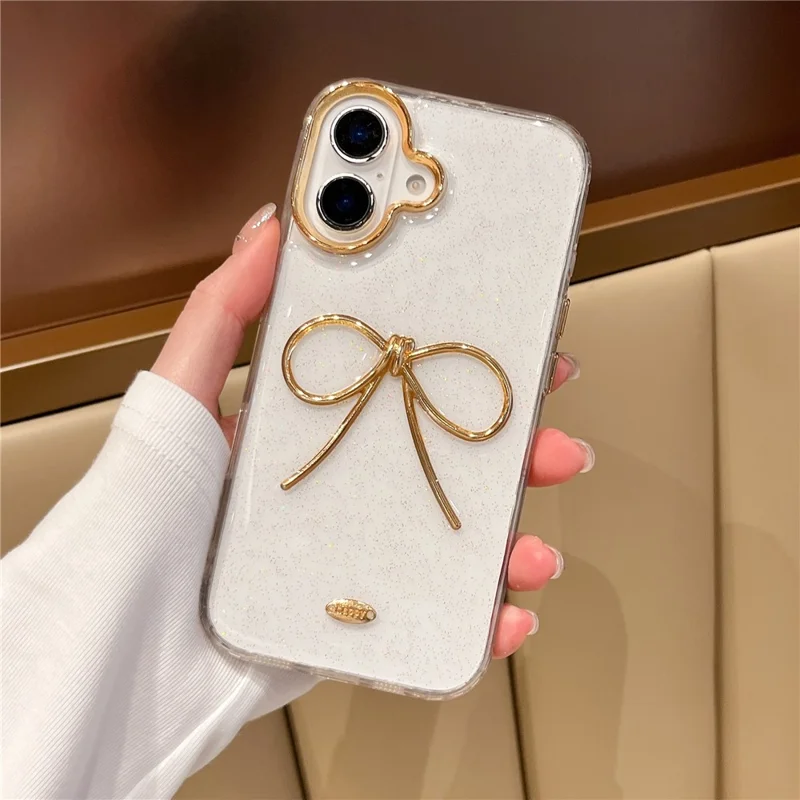 For iPhone 16 Case Gold Bow Epoxy Design TPU + PC Phone Back Cover