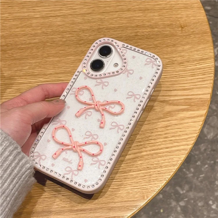 For iPhone 16 Plus Case Two Bow Epoxy Design TPU + PC Phone Back Cover Rhinestone Decor - Pink