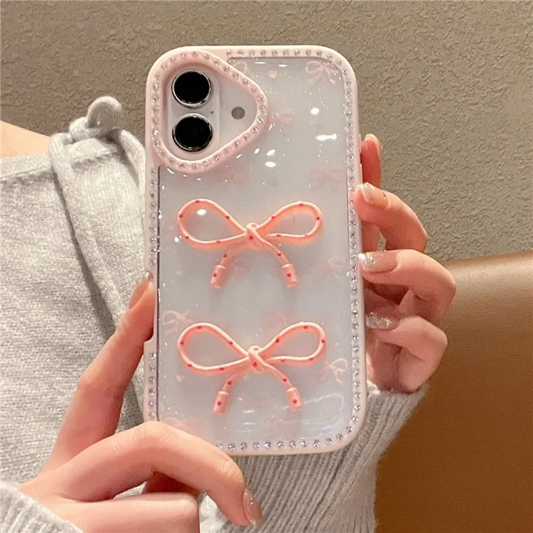 For iPhone 16 Plus Case Two Bow Epoxy Design TPU + PC Phone Back Cover Rhinestone Decor - Pink