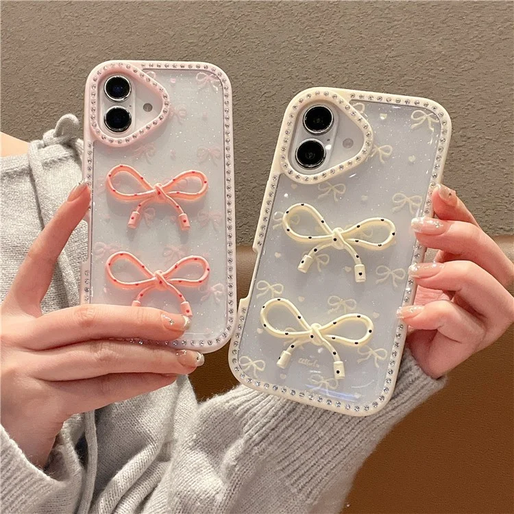 For iPhone 16 Plus Case Two Bow Epoxy Design TPU + PC Phone Back Cover Rhinestone Decor - Pink