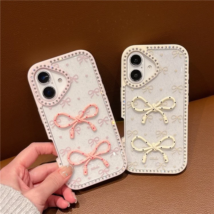 For iPhone 16 Plus Case Two Bow Epoxy Design TPU + PC Phone Back Cover Rhinestone Decor - Pink