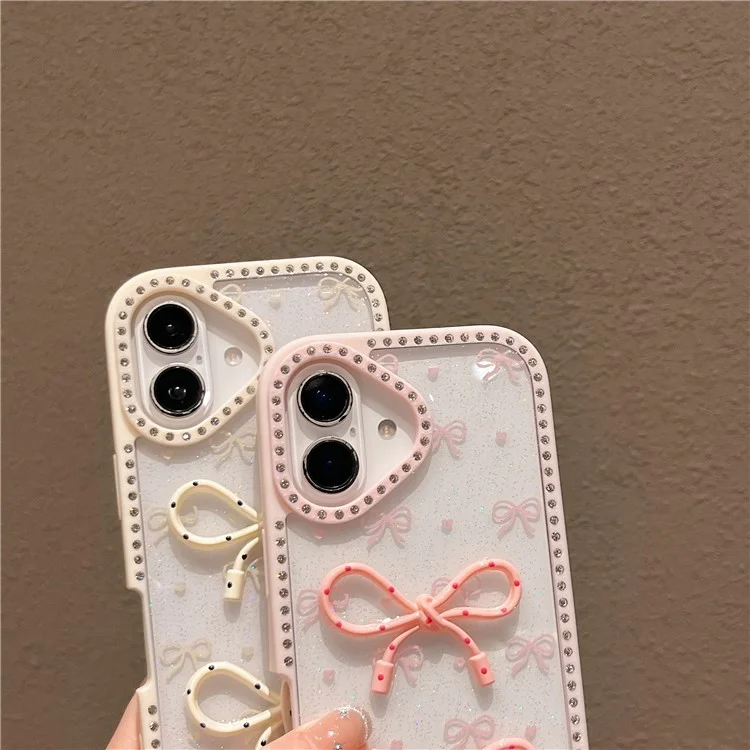 For iPhone 16 Plus Case Two Bow Epoxy Design TPU + PC Phone Back Cover Rhinestone Decor - Pink