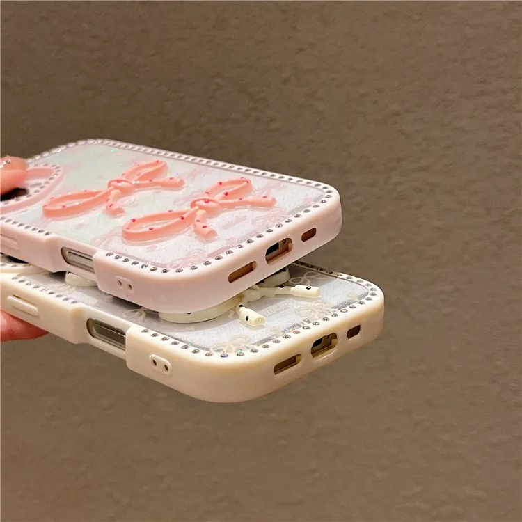 For iPhone 16 Plus Case Two Bow Epoxy Design TPU + PC Phone Back Cover Rhinestone Decor - Pink