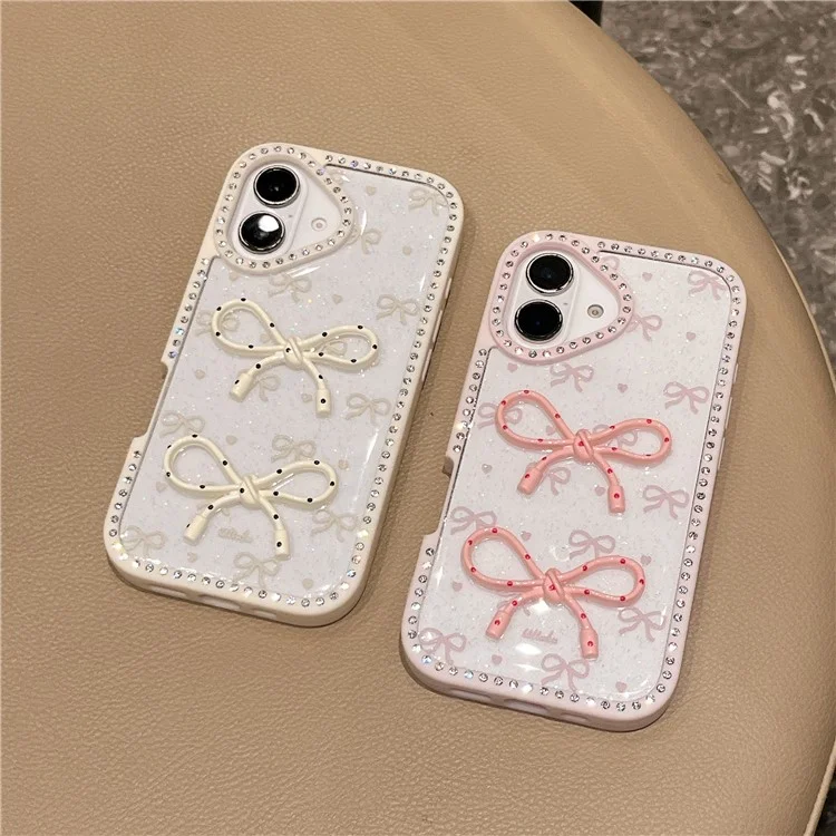 For iPhone 16 Plus Case Two Bow Epoxy Design TPU + PC Phone Back Cover Rhinestone Decor - Pink