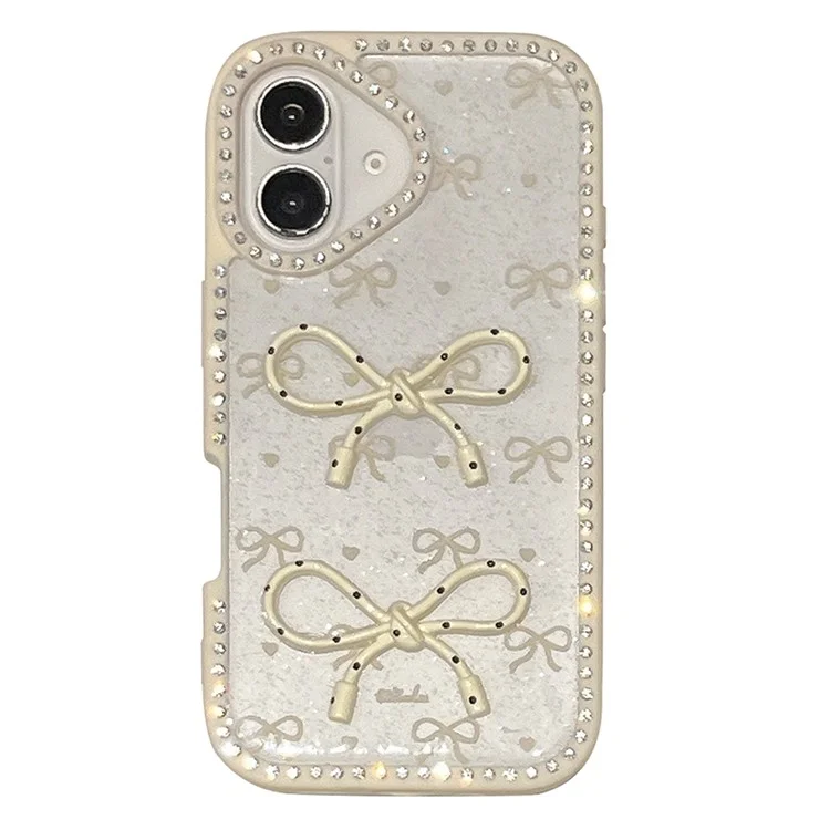 Étui pour iPhone 16 Design Époxy à Deux Arcs TPU + PC Coque Arrière de Téléphone Décoré de Strass - Beige