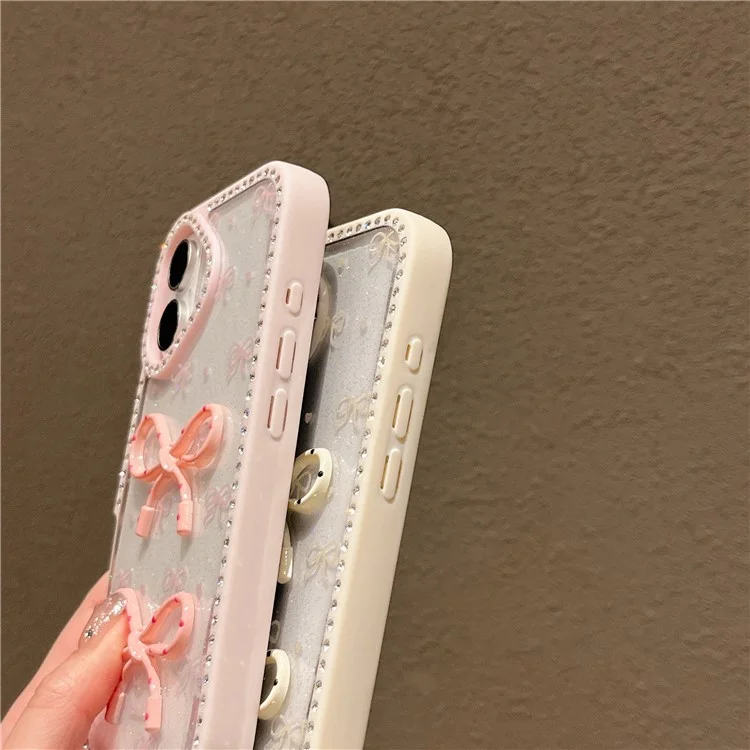 Étui pour iPhone 16 Design Époxy à Deux Arcs TPU + PC Coque Arrière de Téléphone Décoré de Strass - Beige