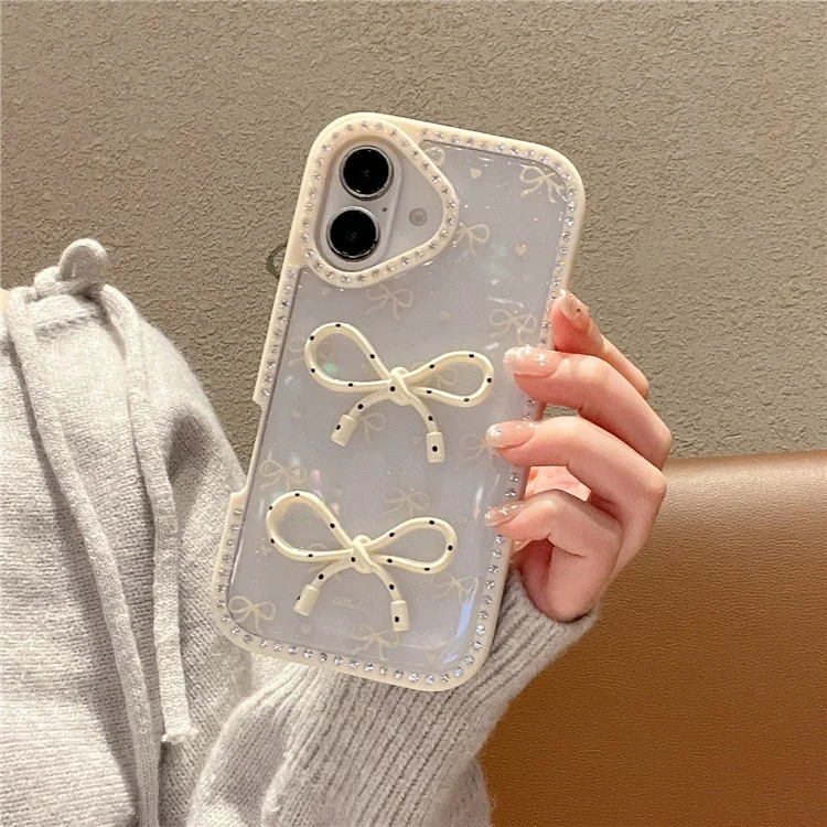 Étui pour iPhone 16 Design Époxy à Deux Arcs TPU + PC Coque Arrière de Téléphone Décoré de Strass - Beige