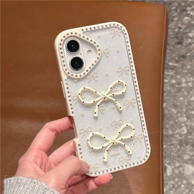 Étui pour iPhone 16 Design Époxy à Deux Arcs TPU + PC Coque Arrière de Téléphone Décoré de Strass - Beige