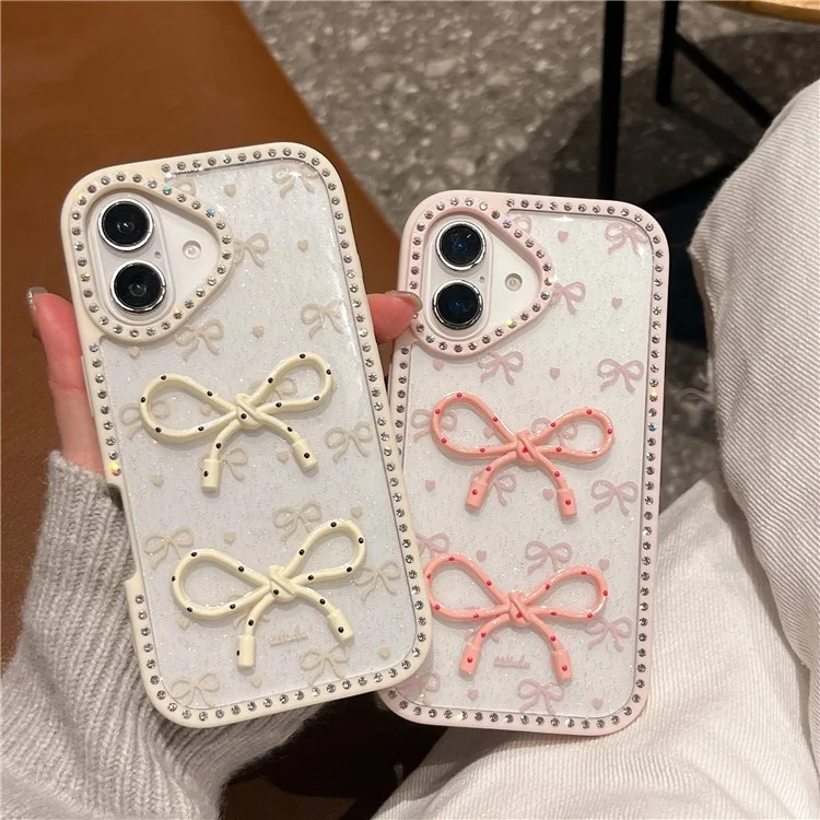 Étui pour iPhone 16 Design Époxy à Deux Arcs TPU + PC Coque Arrière de Téléphone Décoré de Strass - Beige