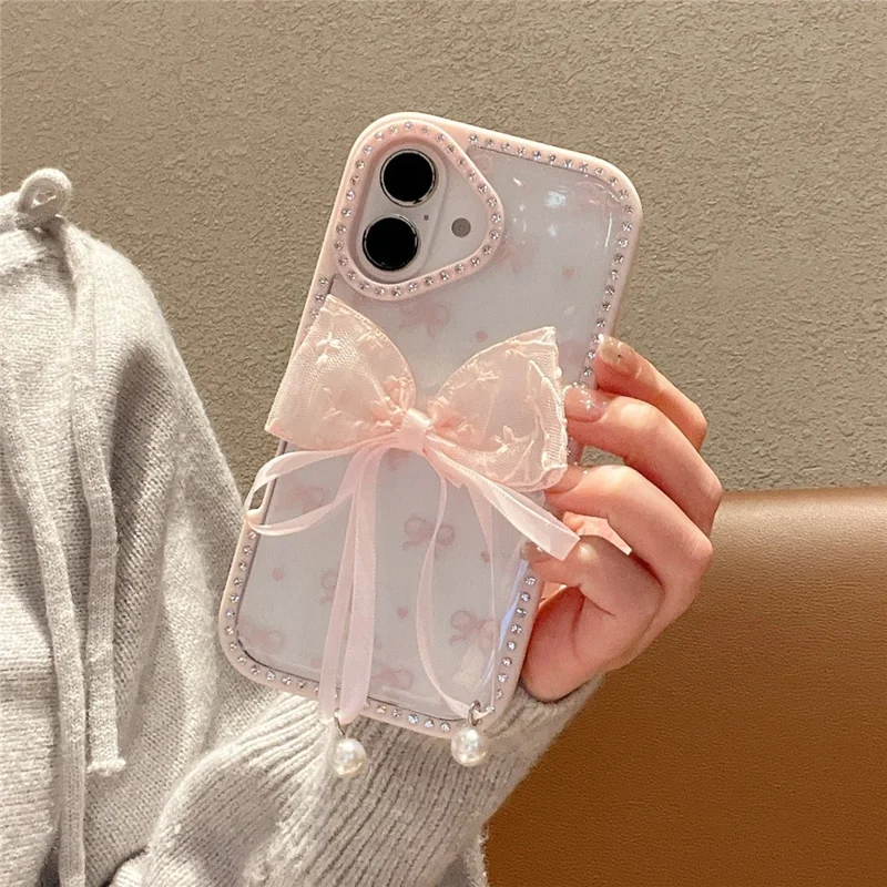 For iPhone 16 Case Two Bow Epoxy Design TPU + PC Phone Back Cover Rhinestone Decor - Pink