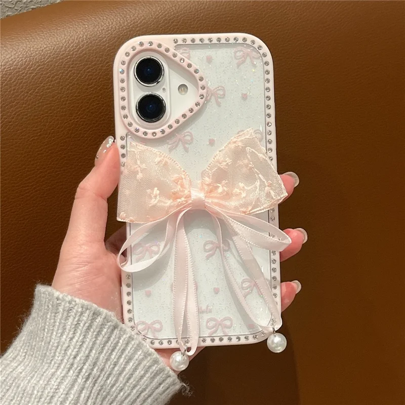 For iPhone 16 Case Two Bow Epoxy Design TPU + PC Phone Back Cover Rhinestone Decor - Pink