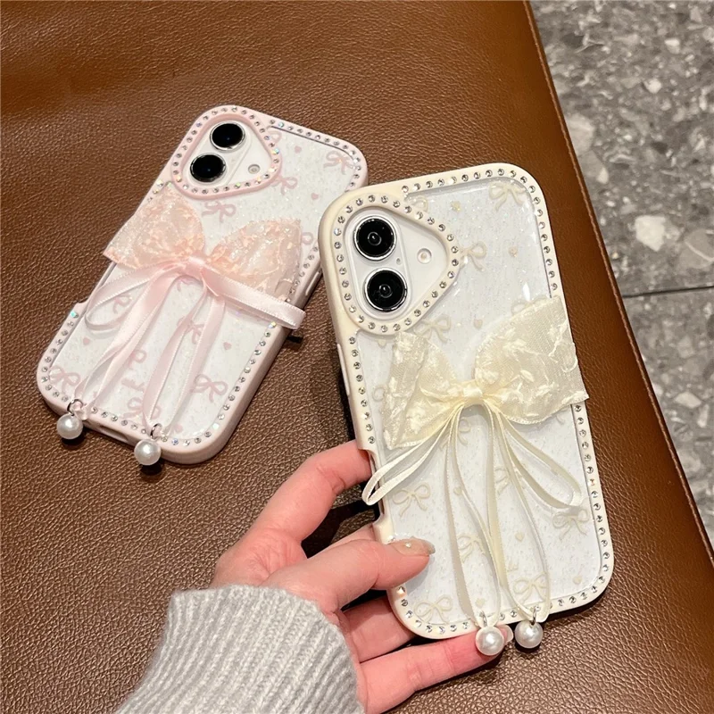 For iPhone 16 Case Two Bow Epoxy Design TPU + PC Phone Back Cover Rhinestone Decor - Pink