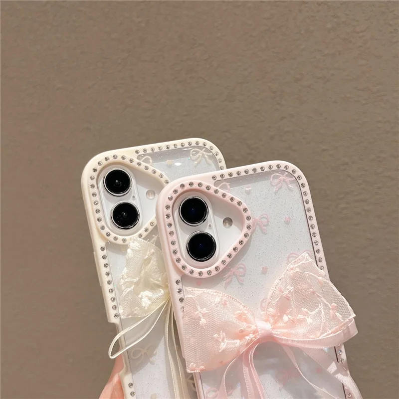 For iPhone 16 Case Two Bow Epoxy Design TPU + PC Phone Back Cover Rhinestone Decor - Pink