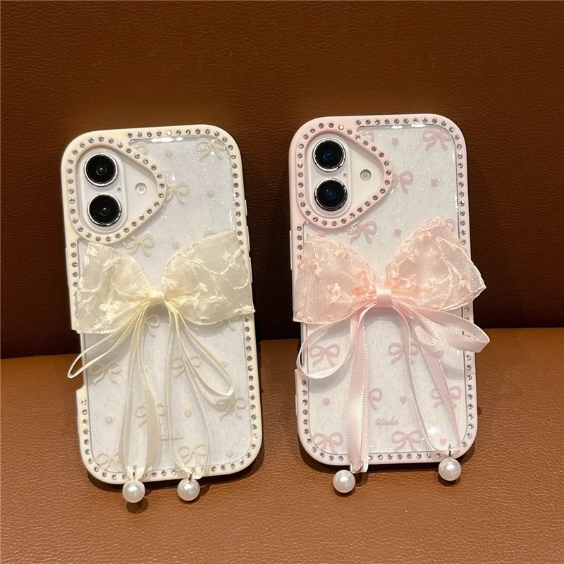 For iPhone 16 Case Two Bow Epoxy Design TPU + PC Phone Back Cover Rhinestone Decor - Pink
