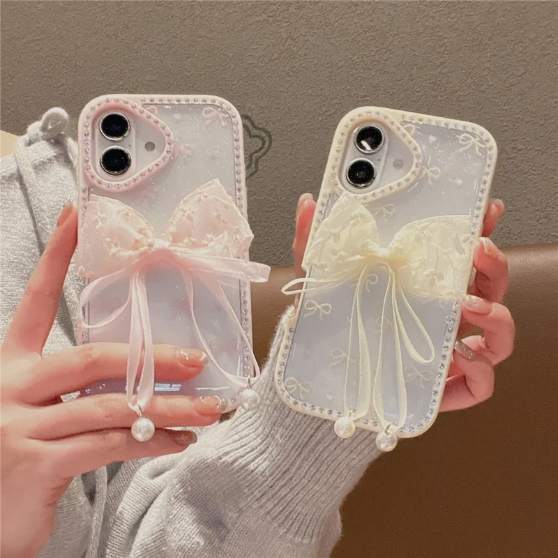 For iPhone 16 Case Two Bow Epoxy Design TPU + PC Phone Back Cover Rhinestone Decor - Pink