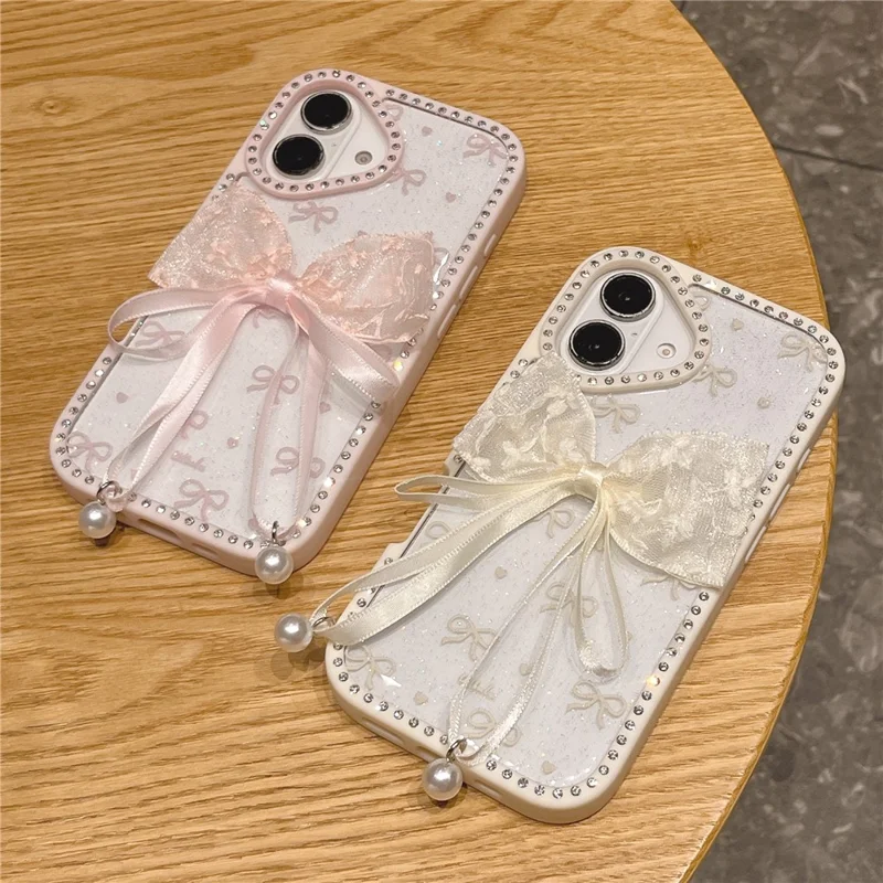 For iPhone 16 Case Two Bow Epoxy Design TPU + PC Phone Back Cover Rhinestone Decor - Pink