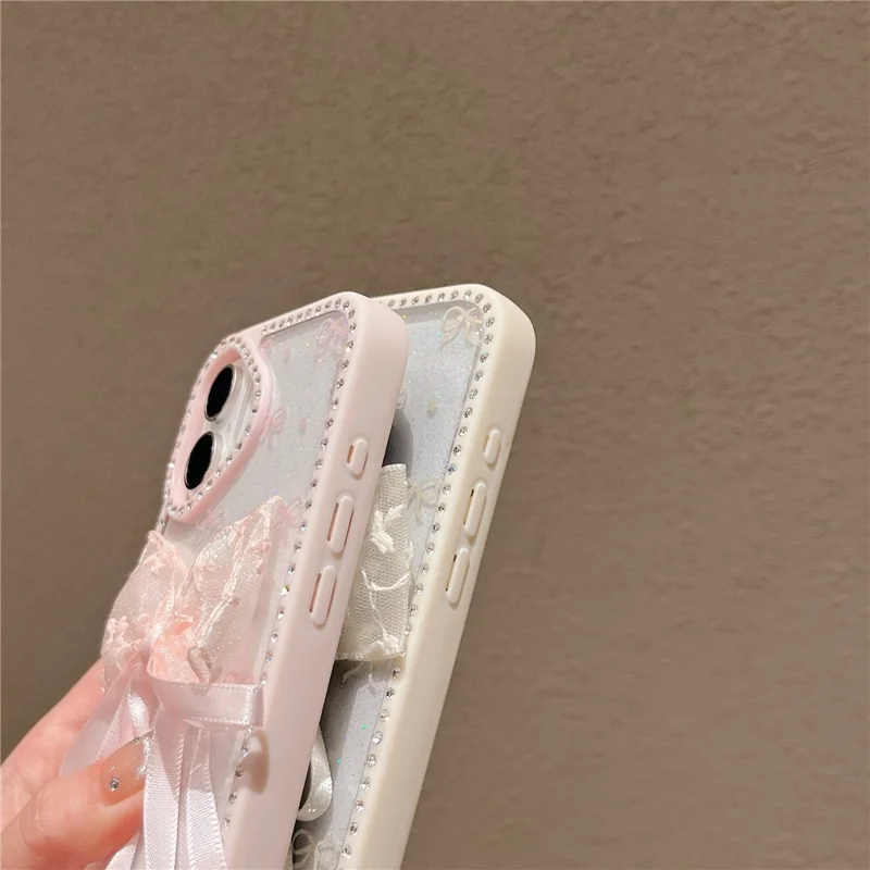 For iPhone 16 Case Two Bow Epoxy Design TPU + PC Phone Back Cover Rhinestone Decor - Pink