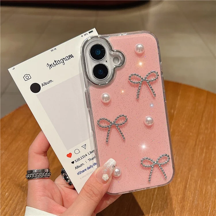 Étui pour iPhone 16 Plus Perle Nœud Conception Époxy TPU + PC Coque Arrière - Rose