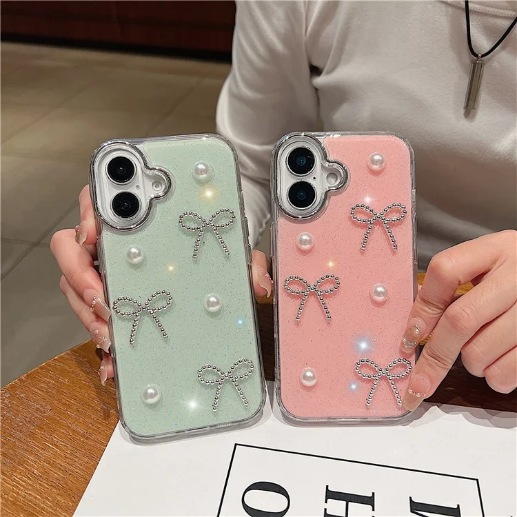 Étui pour iPhone 16 Plus Perle Nœud Conception Époxy TPU + PC Coque Arrière - Rose
