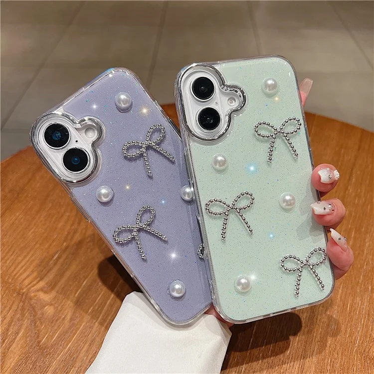 Étui pour iPhone 16 Plus Perle Nœud Conception Époxy TPU + PC Coque Arrière - Rose