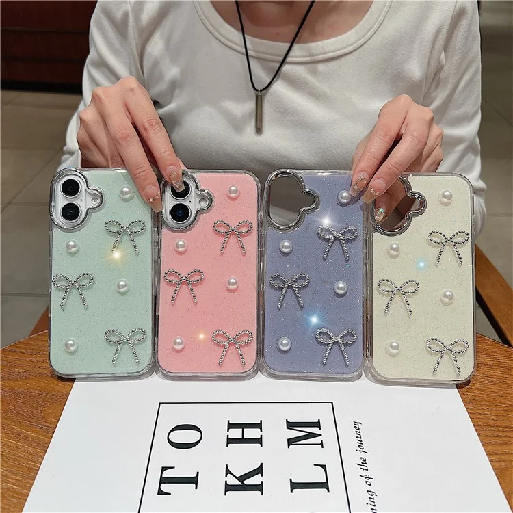Étui pour iPhone 16 Plus Perle Nœud Conception Époxy TPU + PC Coque Arrière - Rose