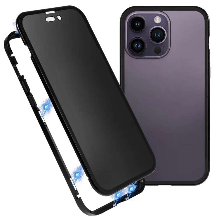 Для iPhone 14 Pro Max Противоударный Противошпионский Чехол для телефона Металлическая рама + Двусторонняя Закаленная Стеклянная Гибридная Крышка с Магнитным Замыканием - Черный