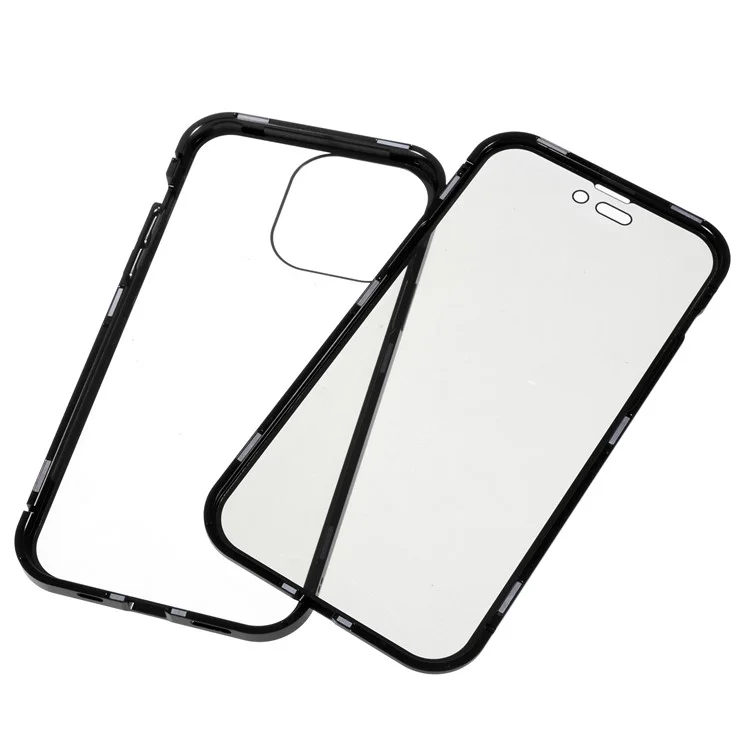 Для iPhone 14 Pro Max Противоударный Противошпионский Чехол для телефона Металлическая рама + Двусторонняя Закаленная Стеклянная Гибридная Крышка с Магнитным Замыканием - Черный