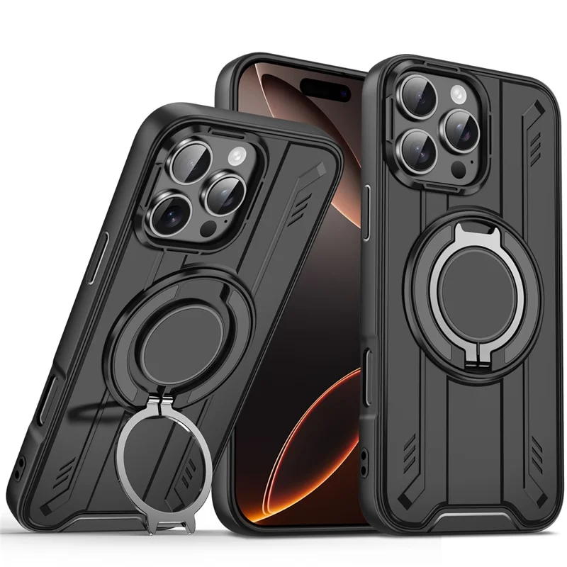 Großeinkauf für iPhone 16 Pro Hülle kompatibel mit MagSafe Drehbarer Ring Ständer PC + TPU Stoßfeste Handyhülle - Schwarz