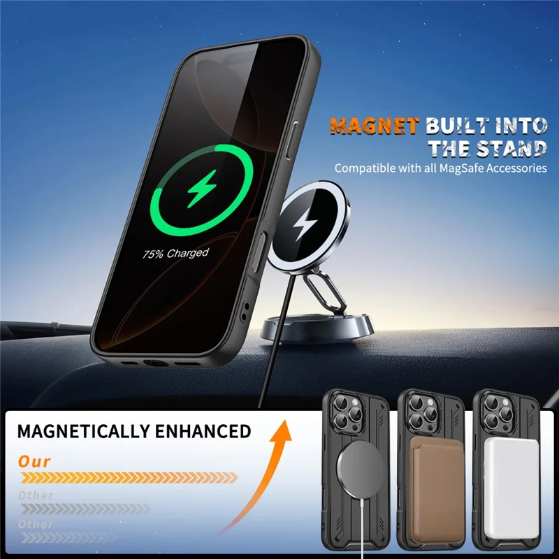 Großeinkauf für iPhone 16 Pro Hülle kompatibel mit MagSafe Drehbarer Ring Ständer PC + TPU Stoßfeste Handyhülle - Schwarz