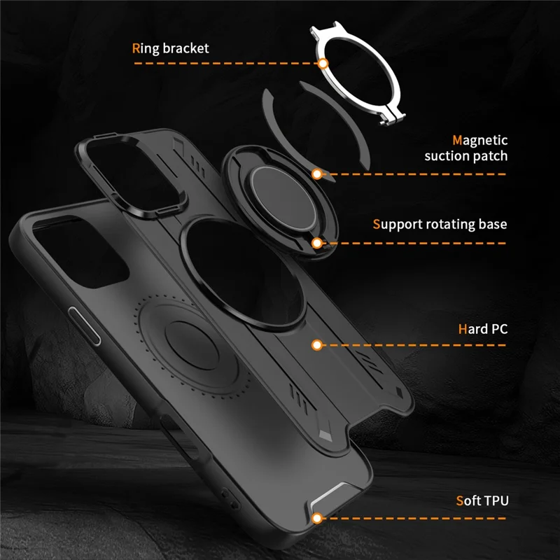 Großeinkauf für iPhone 16 Pro Hülle kompatibel mit MagSafe Drehbarer Ring Ständer PC + TPU Stoßfeste Handyhülle - Schwarz