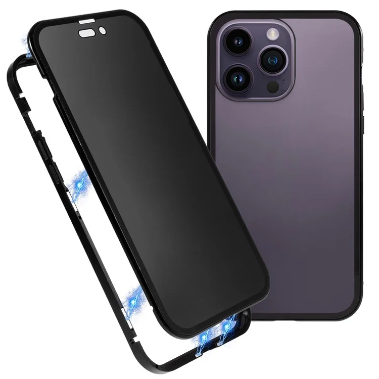 Per iPhone 14 Pro Drop Resistant Anti-peep Phone Case Metal Frame + Double-sided Tempered Glass Hybrid Cover with Magnetic Closure - Nero