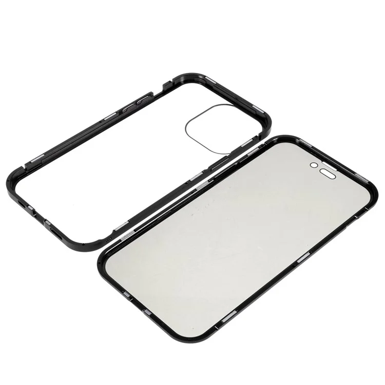 Per iPhone 14 Pro Drop Resistant Anti-peep Phone Case Metal Frame + Double-sided Tempered Glass Hybrid Cover with Magnetic Closure - Nero