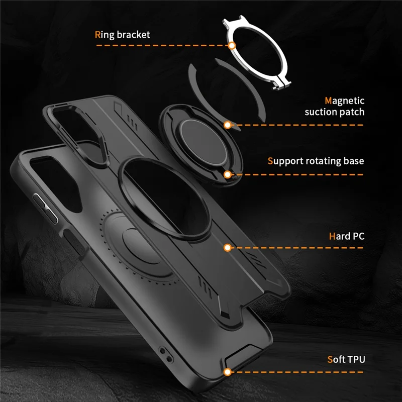Compra a granel para funda Samsung Galaxy A15 5G / 4G compatible con MagSafe, con anillo giratorio y soporte, PC + TPU antigolpes - Negro