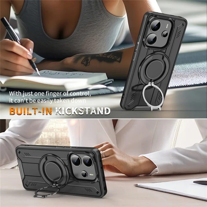 Bulk Purchasing For Xiaomi Redmi Note 14 5G Magnetic Case Rotating Ring Kickstand PC + TPU Shockproof Phone Cover - Green