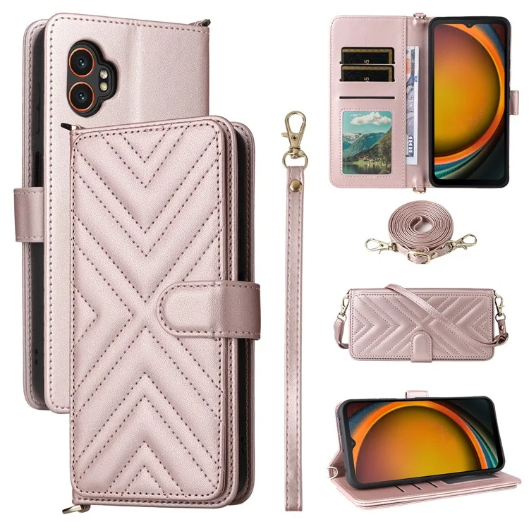 Pour Samsung Galaxy XCover7 Pro Étui Portefeuille avec Bandoulière / Bracelet en Cuir Support de Téléphone - Rose