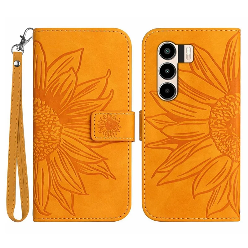 For itel Power 70 4G Case Sunflower Imprint Leather Wallet Phone Cover with Wrist Strap - Yellow