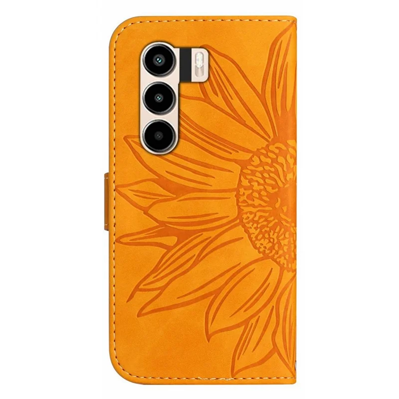For itel Power 70 4G Case Sunflower Imprint Leather Wallet Phone Cover with Wrist Strap - Yellow