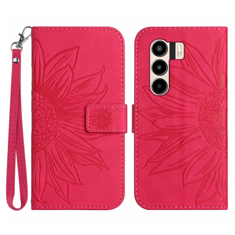 For itel Power 70 4G Case Sunflower Imprint Leather Wallet Phone Cover with Wrist Strap - Rose