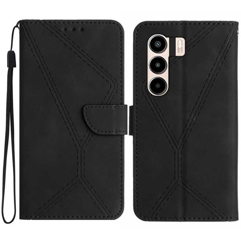 For itel Power 70 4G Case Skin Touch Lines Imprinted PU Leather Flip Phone Cover - Black