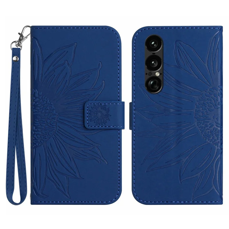 For Sony Xperia 1 VII Case Sunflower Imprint Leather Wallet Phone Cover with Wrist Strap - Sapphire