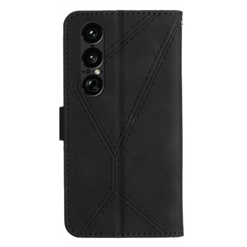 For Sony Xperia 1 VII Case Skin Touch Lines Imprinted PU Leather Flip Phone Cover - Black