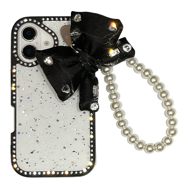 For iPhone 16 Case Glitter Epoxy Design TPU + PC Phone Back Cover with Bow Strap, Rhinestone Decor - Black