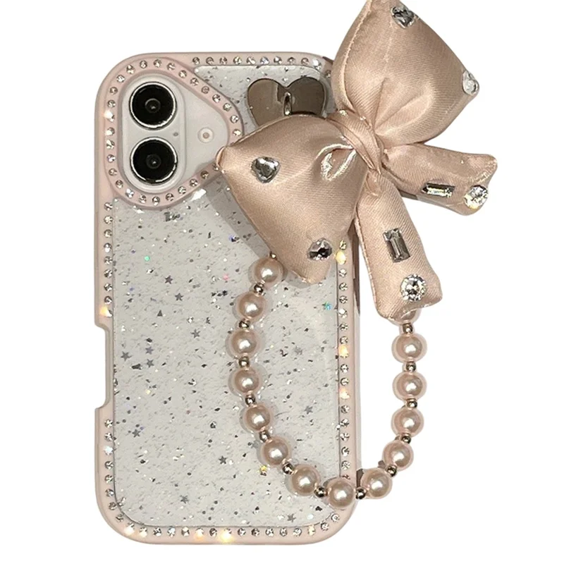 Funda para iPhone 16 con Diseño de Purpurina Epoxi, Carcasa Trasera de TPU + PC con Lazo, Decoración de Strass - Rosa