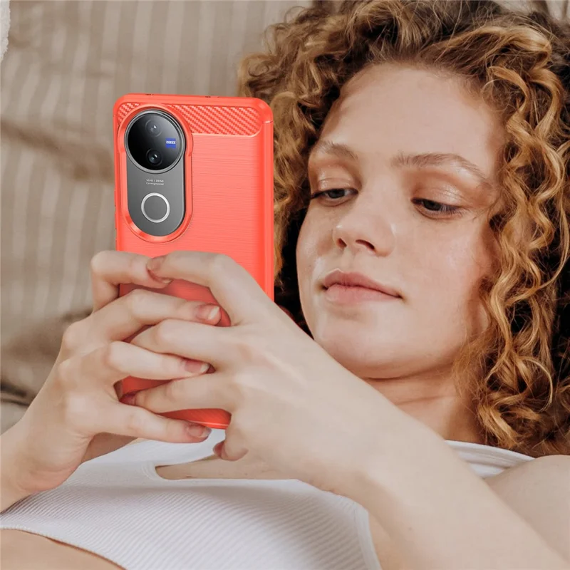 For vivo V50 5G Case Protective Phone Cover Carbon Fiber Texture Brushed - Red