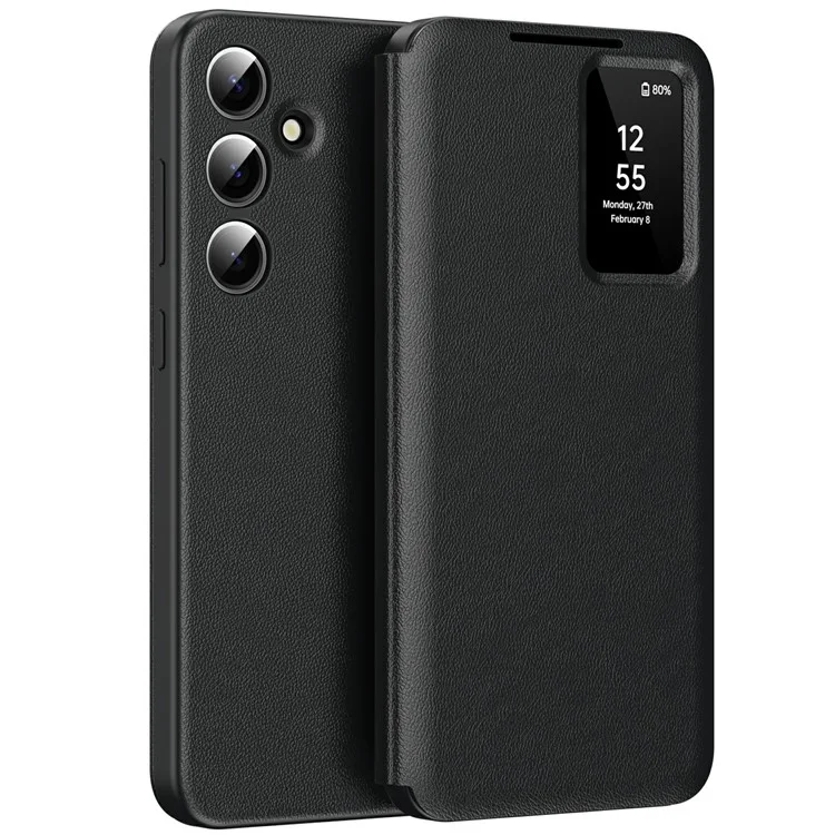 Capa para Samsung Galaxy A56 5G com Porta-cartões e Janela de Visualização Inteligente em Couro - Preto