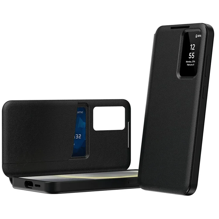 Capa para Samsung Galaxy A56 5G com Porta-cartões e Janela de Visualização Inteligente em Couro - Preto
