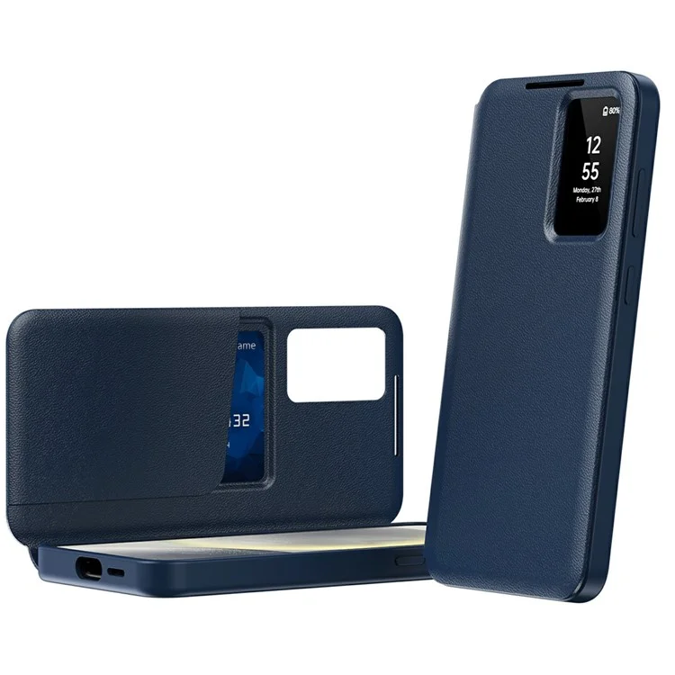 Für Samsung Galaxy A56 5G Hülle mit Kartenfach Smart View Fenster Leder Handyhülle - Saphir