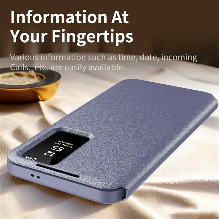 Étui pour Samsung Galaxy A56 5G avec Porte-cartes et Fenêtre d'Affichage Intelligente en Cuir - Gris Lavande