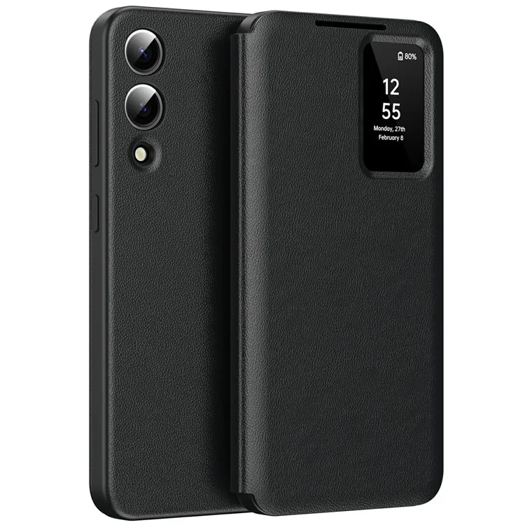 For Samsung Galaxy S25 Edge Case with Card Holder Smart View Window Leather Phone Cover - Black